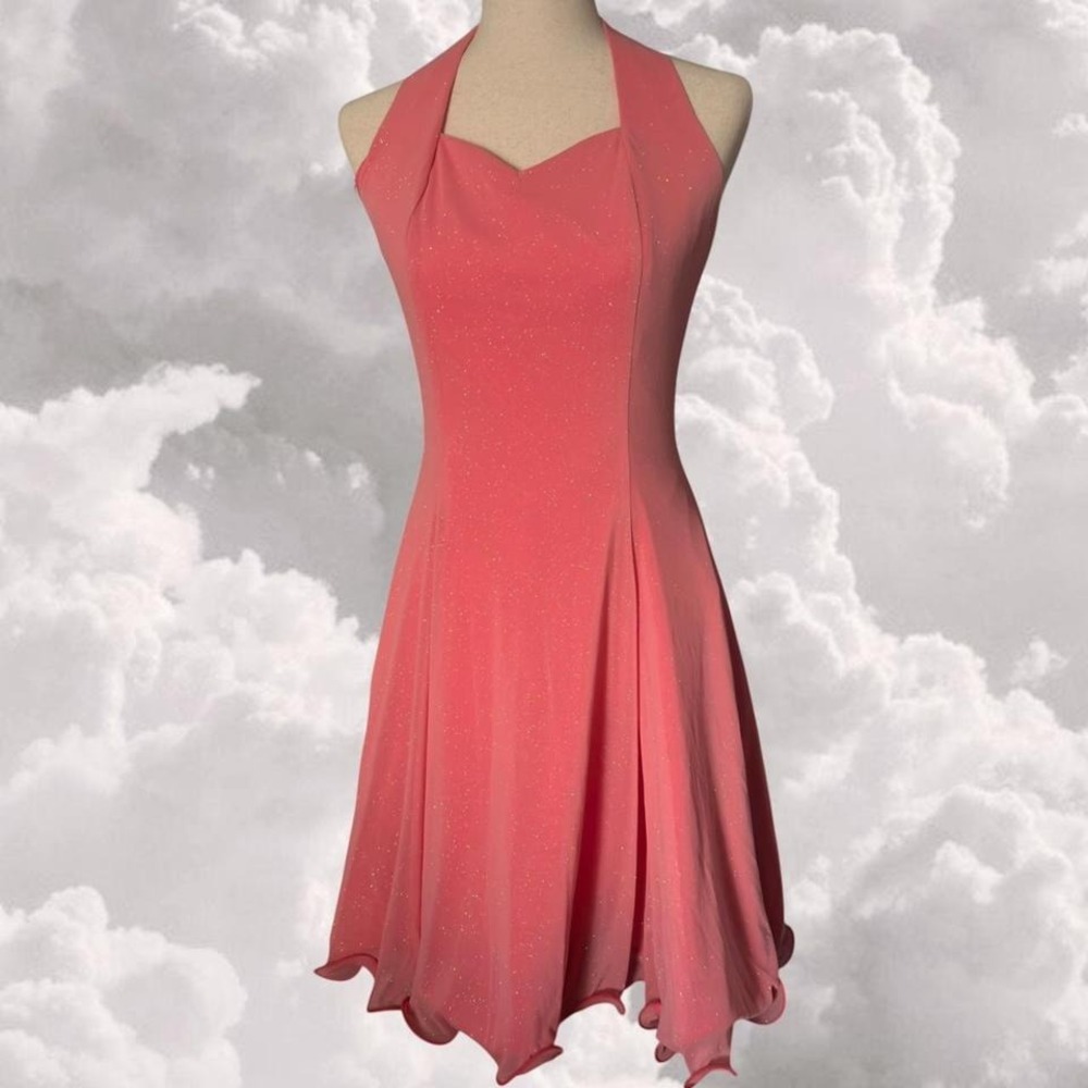 Vintage 80s Pink Sparkling Sweetheart Halter Fit and Flare Dress size S/M